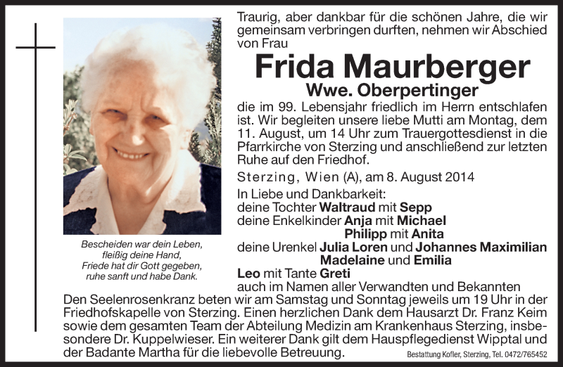  Traueranzeige für Frida Oberpertinger vom 09.08.2014 aus Dolomiten