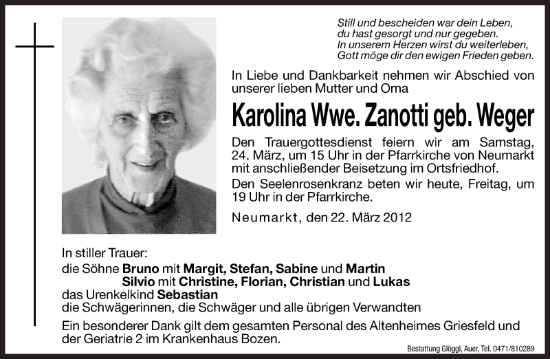  Traueranzeige für Karolina Zanotti vom 23.03.2012 aus Dolomiten