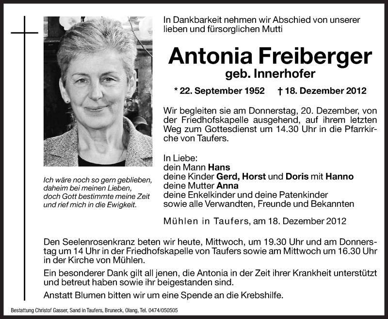  Traueranzeige für Antonia Freiberger vom 19.12.2012 aus Dolomiten