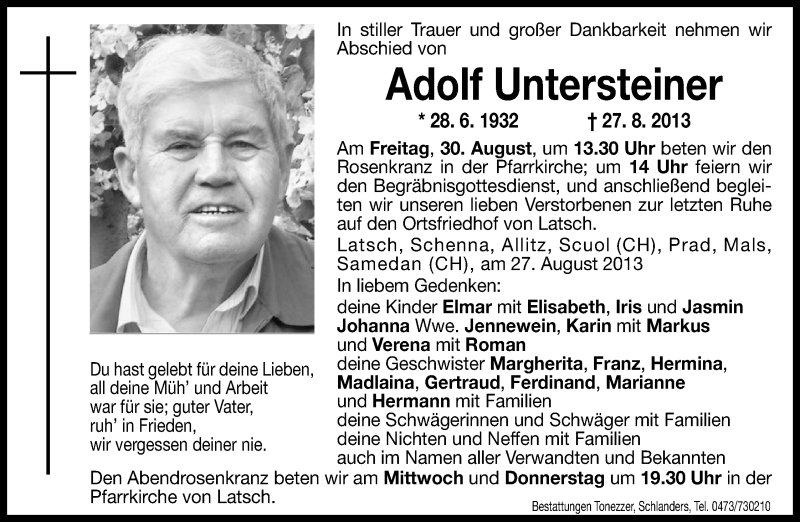  Traueranzeige für Adolf Untersteiner vom 28.08.2013 aus Dolomiten