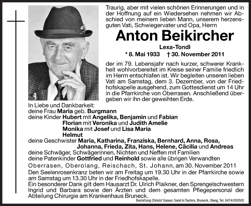  Traueranzeige für Anton Beikircher vom 02.12.2011 aus Dolomiten