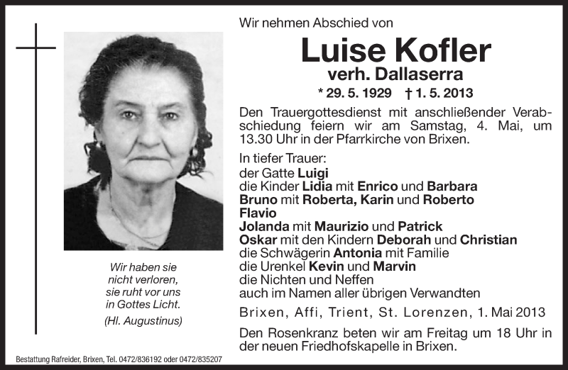  Traueranzeige für Luise Dallaserra vom 03.05.2013 aus Dolomiten