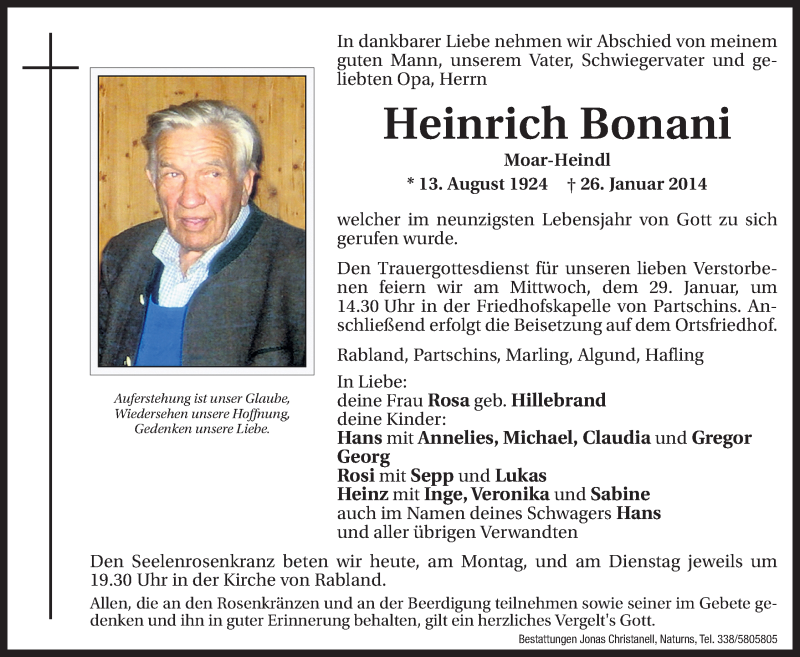  Traueranzeige für Heinrich Bonani vom 27.01.2014 aus Dolomiten