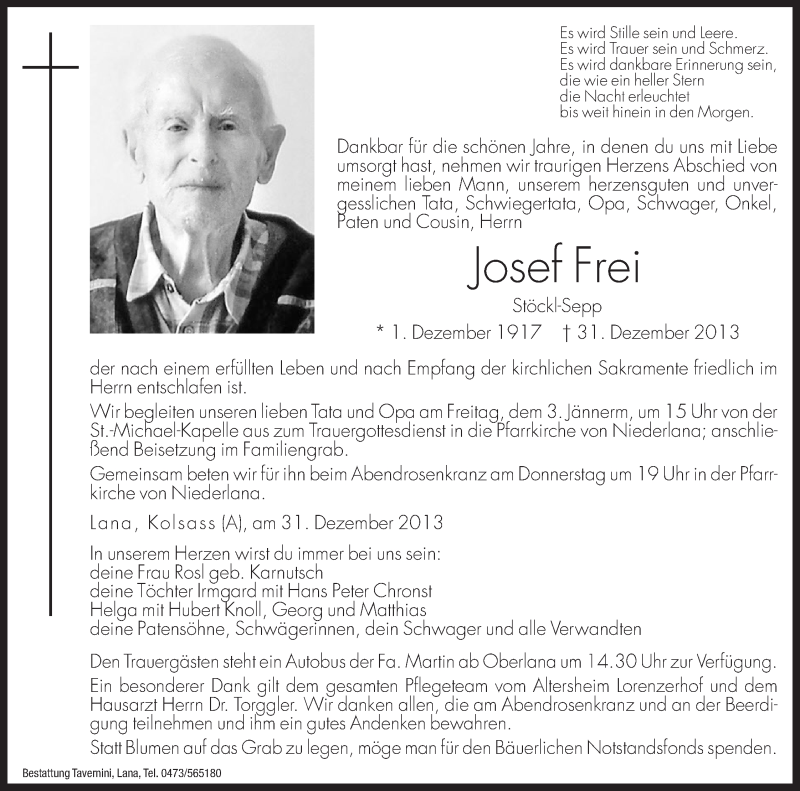  Traueranzeige für Josef Frei vom 02.01.2014 aus Dolomiten