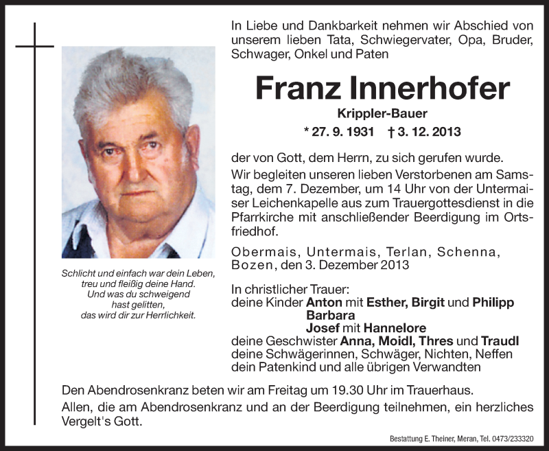  Traueranzeige für Franz Innerhofer vom 06.12.2013 aus Dolomiten