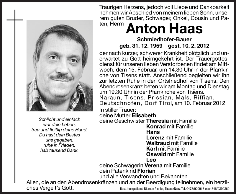  Traueranzeige für Anton Haas vom 13.02.2012 aus Dolomiten