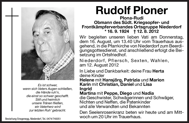  Traueranzeige für Rudolf Ploner vom 14.08.2012 aus Dolomiten