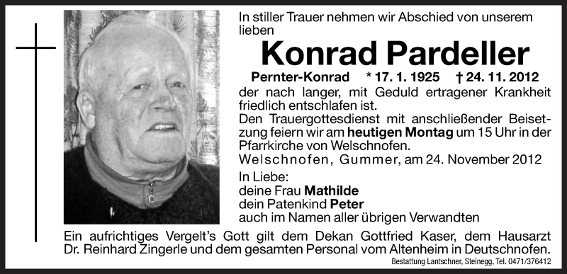  Traueranzeige für Konrad Pardeller vom 26.11.2012 aus Dolomiten