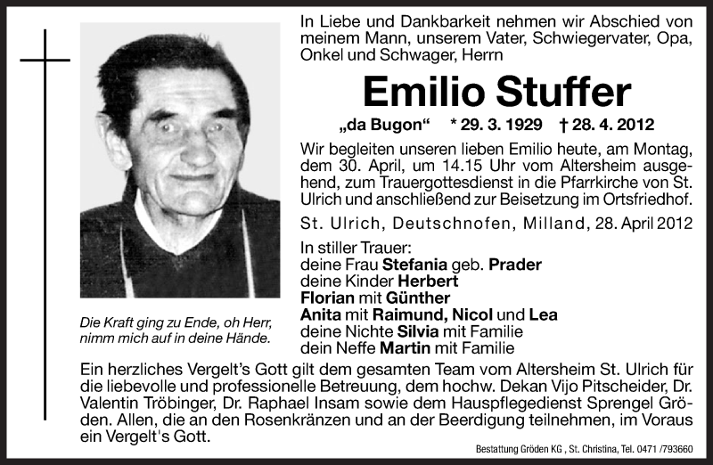  Traueranzeige für Emilio Stuffer vom 30.04.2012 aus Dolomiten