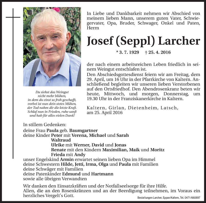  Traueranzeige für Josef Larcher vom 27.04.2016 aus Dolomiten