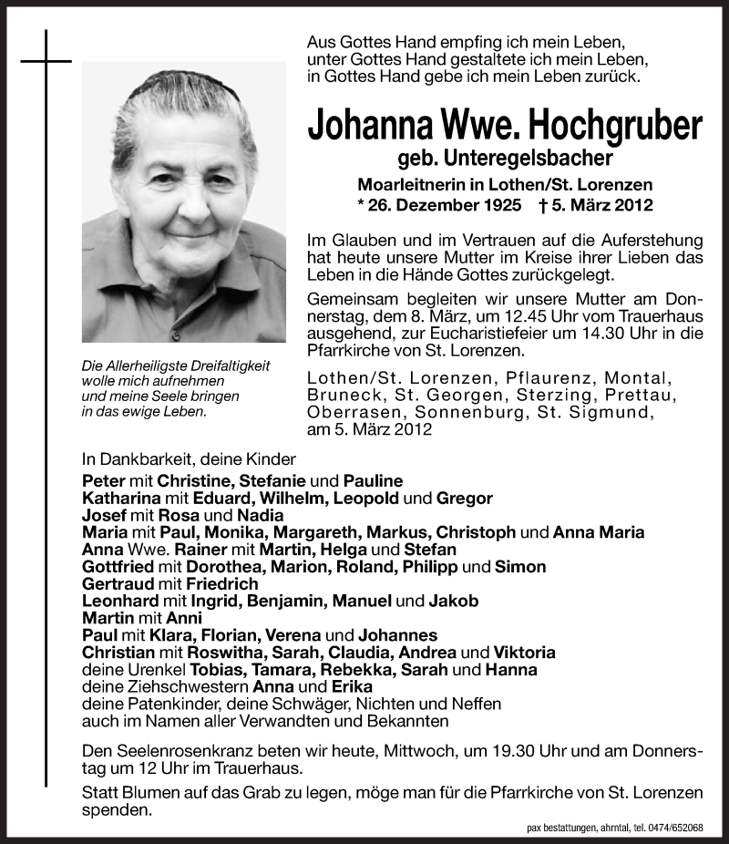  Traueranzeige für Johanna Unteregelsbacher vom 07.03.2012 aus Dolomiten