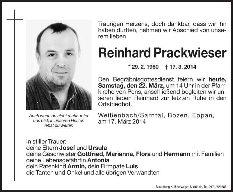  Traueranzeige für Reinhard Prackwieser vom 22.03.2014 aus Dolomiten