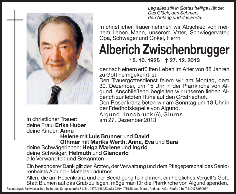  Traueranzeige für Alberich Zwischenbrugger vom 28.12.2013 aus Dolomiten