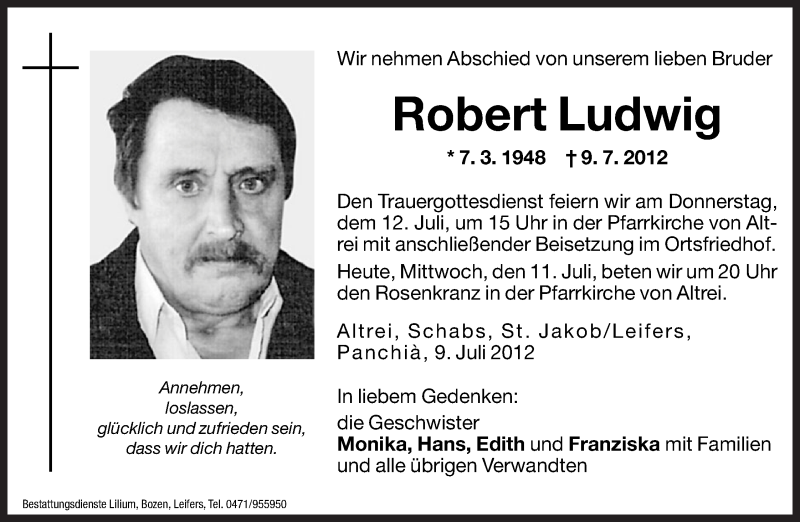  Traueranzeige für Robert Ludwig vom 11.07.2012 aus Dolomiten