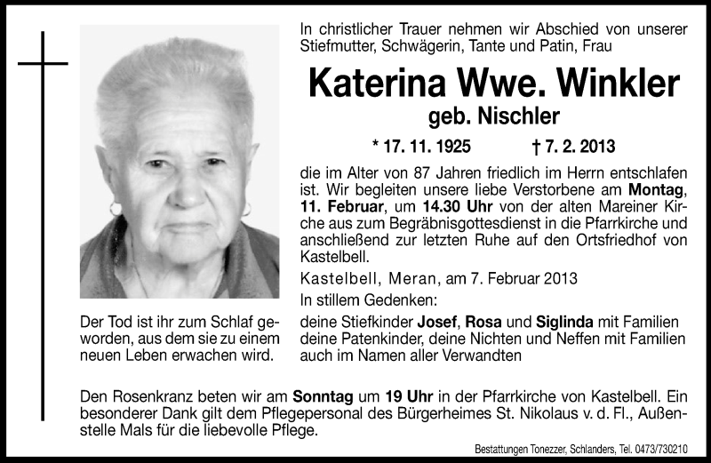  Traueranzeige für Katerina Winkler vom 09.02.2013 aus Dolomiten