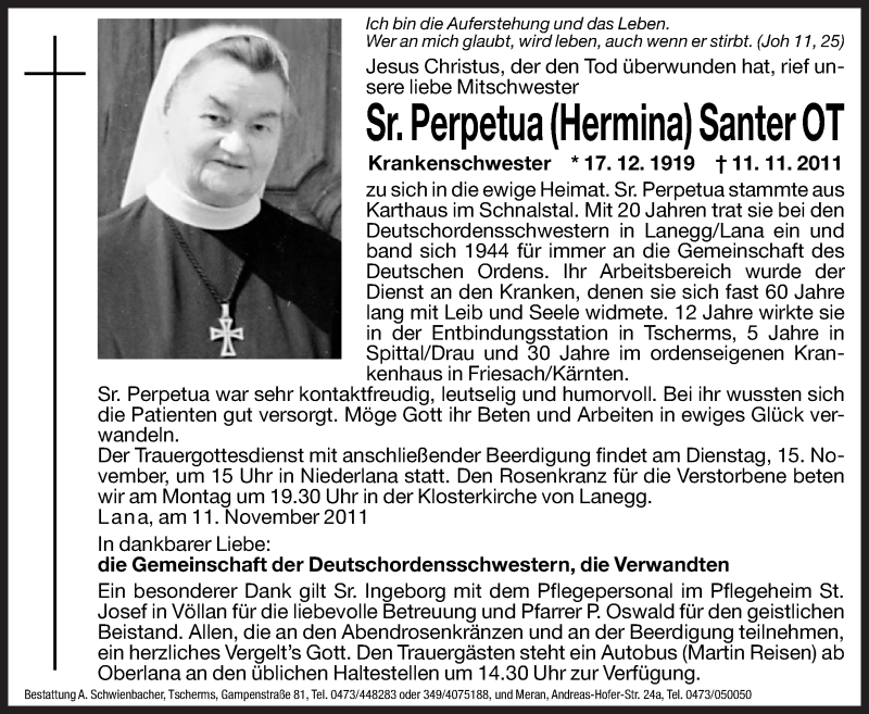  Traueranzeige für Perpetua (Hermina) Santer vom 14.11.2011 aus Dolomiten