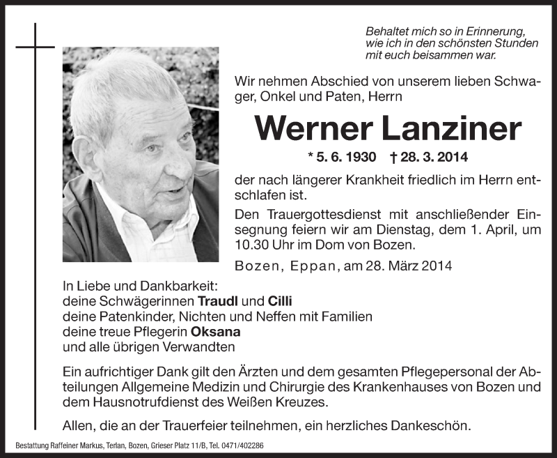  Traueranzeige für Werner Lanziner vom 31.03.2014 aus Dolomiten