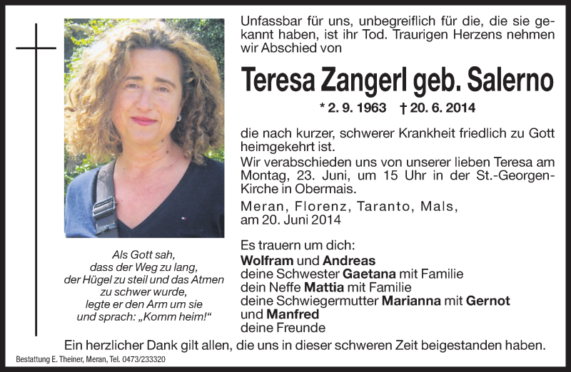  Traueranzeige für Teresa Zangerl vom 21.06.2014 aus Dolomiten