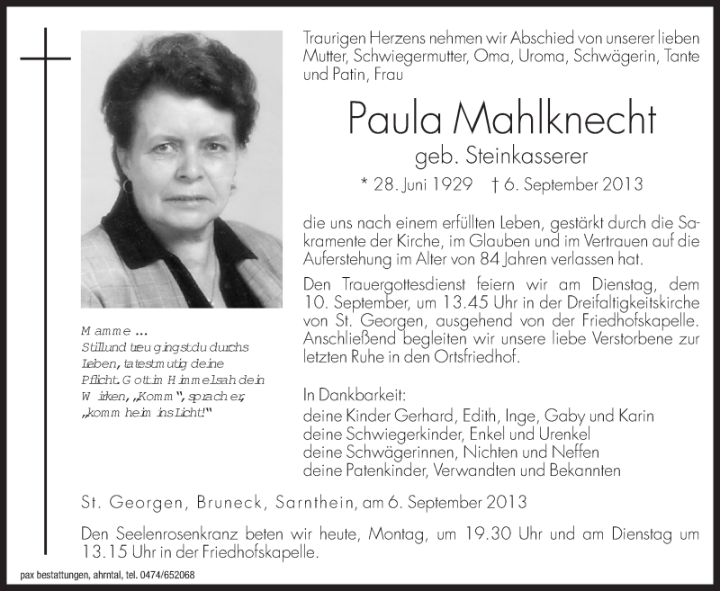  Traueranzeige für Paula Mahlknecht vom 09.09.2013 aus Dolomiten