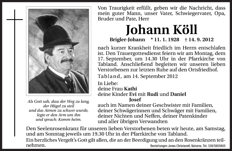  Traueranzeige für Johann Köll vom 15.09.2012 aus Dolomiten