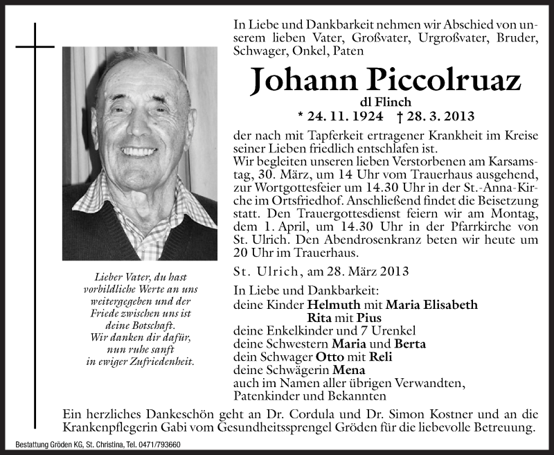  Traueranzeige für Johann Piccolruaz vom 29.03.2013 aus Dolomiten