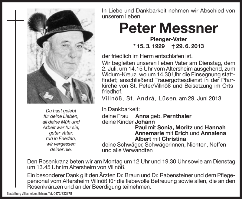  Traueranzeige für Peter Messner vom 01.07.2013 aus Dolomiten