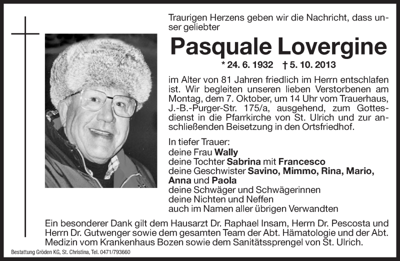  Traueranzeige für Pasquale Lovergine vom 07.10.2013 aus Dolomiten