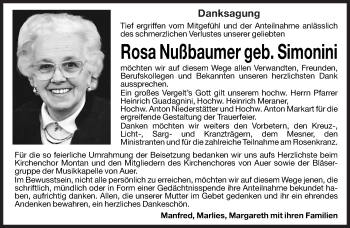 Traueranzeige von Rosa Nußbaumer von Dolomiten