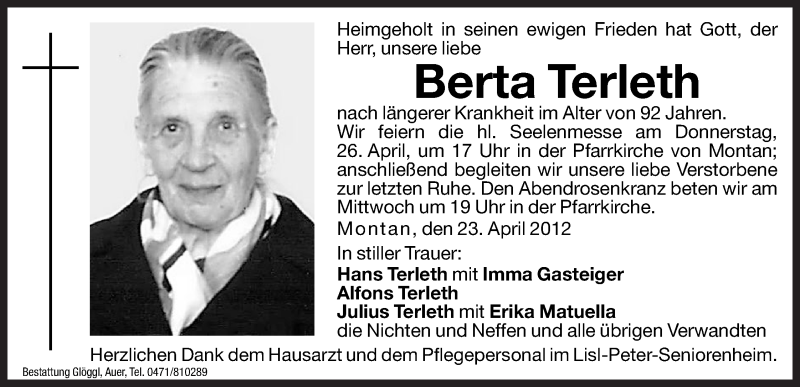  Traueranzeige für Berta Terleth vom 24.04.2012 aus Dolomiten