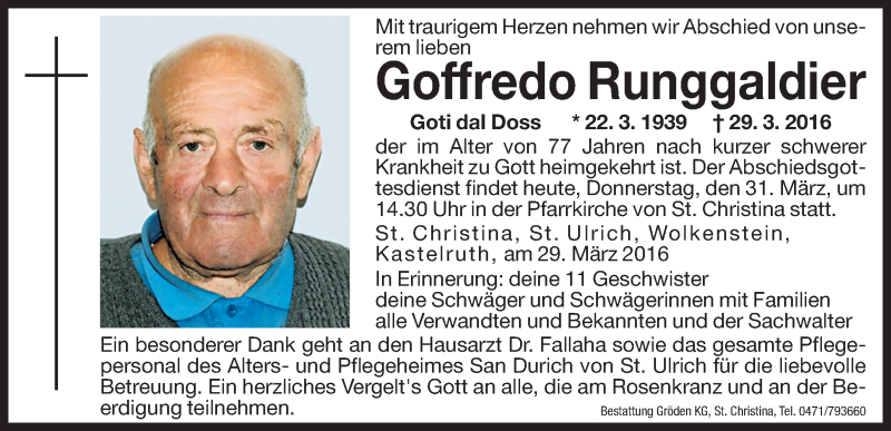  Traueranzeige für Goffredo Runggaldier vom 31.03.2016 aus Dolomiten