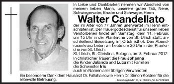 Traueranzeige von Walter Candellato von Dolomiten