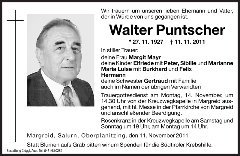  Traueranzeige für Walter Puntscher vom 12.11.2011 aus Dolomiten