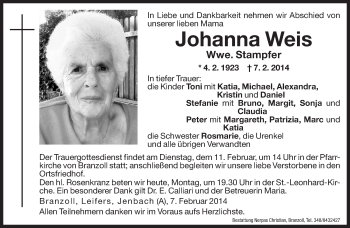 Traueranzeige von Johanna Stampfer von Dolomiten
