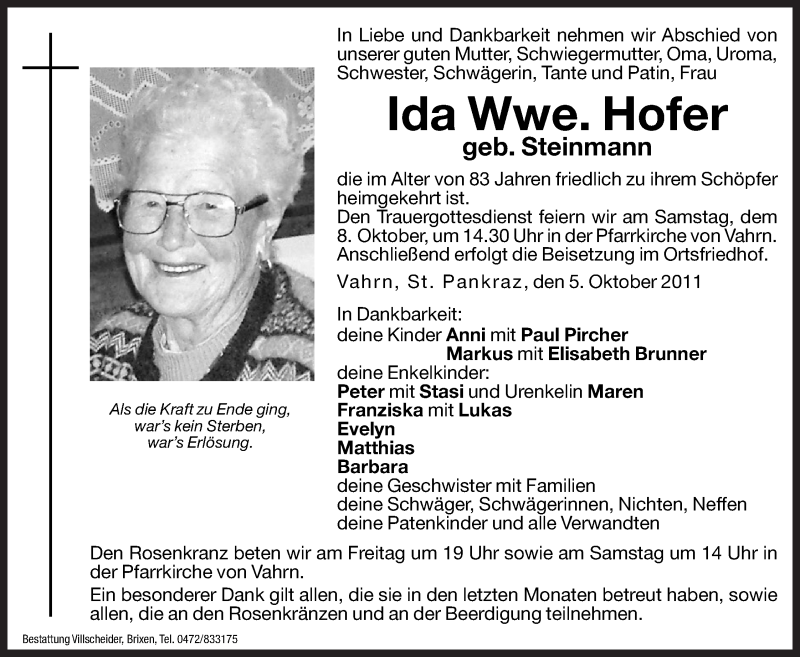  Traueranzeige für Ida Hofer vom 07.10.2011 aus Dolomiten