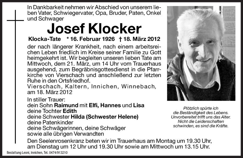  Traueranzeige für Josef Klocker vom 19.03.2012 aus Dolomiten