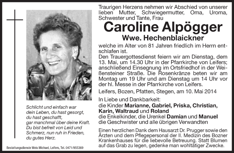  Traueranzeige für Caroline Hechenblaickner vom 12.05.2014 aus Dolomiten