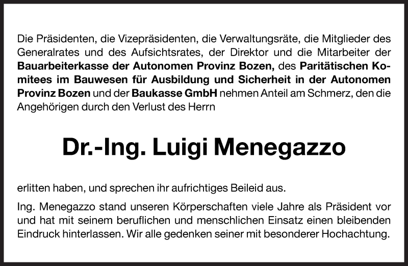  Traueranzeige für Luigi Menegazzo vom 29.12.2011 aus Dolomiten