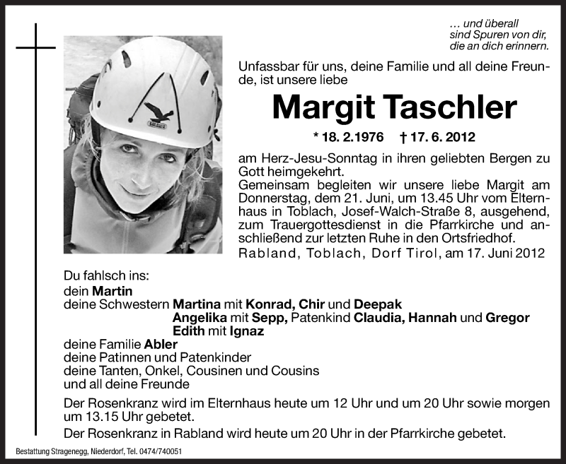  Traueranzeige für Margit Taschler vom 20.06.2012 aus Dolomiten