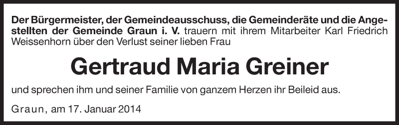  Traueranzeige für Gertraud Maria Greiner vom 18.01.2014 aus Dolomiten