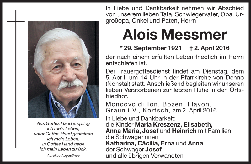  Traueranzeige für Alois Messmer vom 04.04.2016 aus Dolomiten