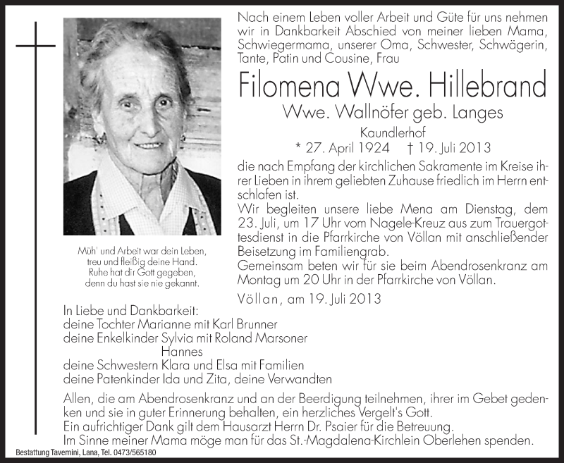  Traueranzeige für Filomena Hillebrand vom 22.07.2013 aus Dolomiten