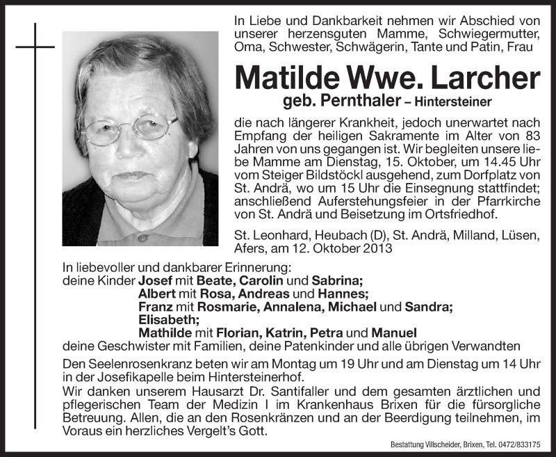  Traueranzeige für Matilde Larcher vom 14.10.2013 aus Dolomiten