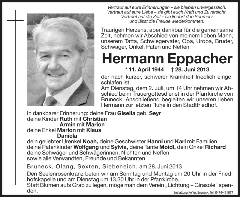  Traueranzeige für Hermann Eppacher vom 29.06.2013 aus Dolomiten