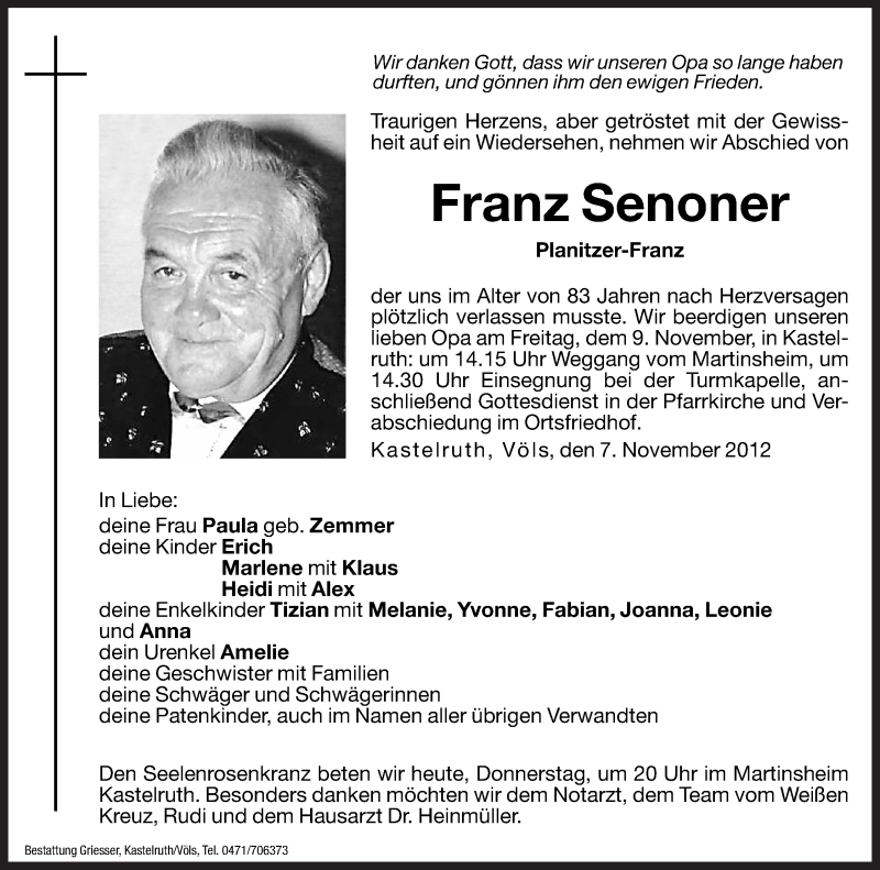  Traueranzeige für Franz Senoner vom 08.11.2012 aus Dolomiten