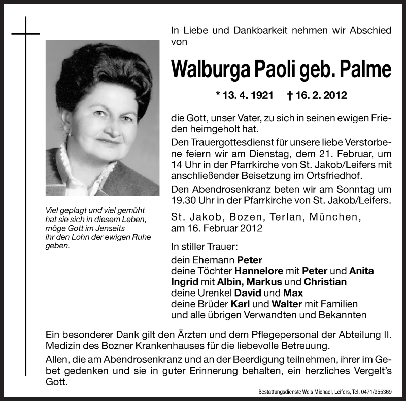  Traueranzeige für Walburga Paoli vom 18.02.2012 aus Dolomiten