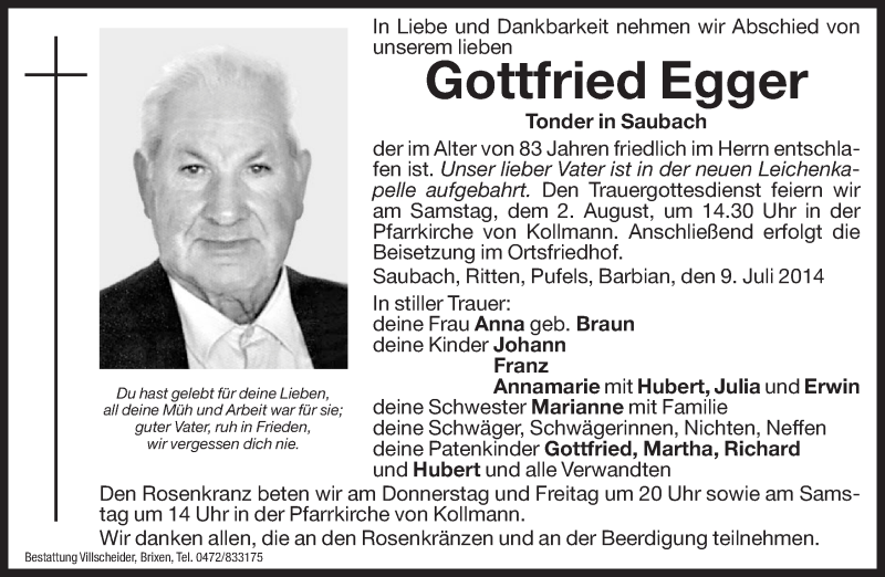  Traueranzeige für Gottfried Egger vom 31.07.2014 aus Dolomiten