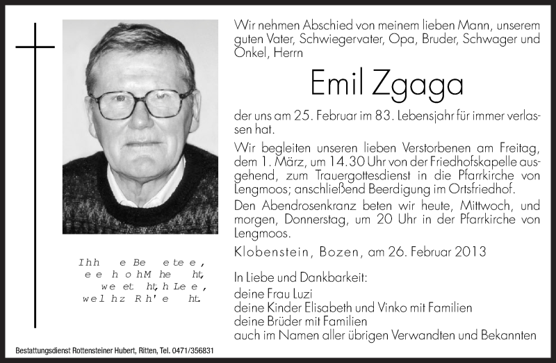  Traueranzeige für Emil Zgaga vom 27.02.2013 aus Dolomiten