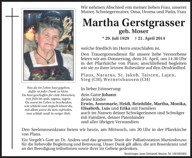  Traueranzeige für Martha Gerstgrasser vom 23.04.2014 aus Dolomiten