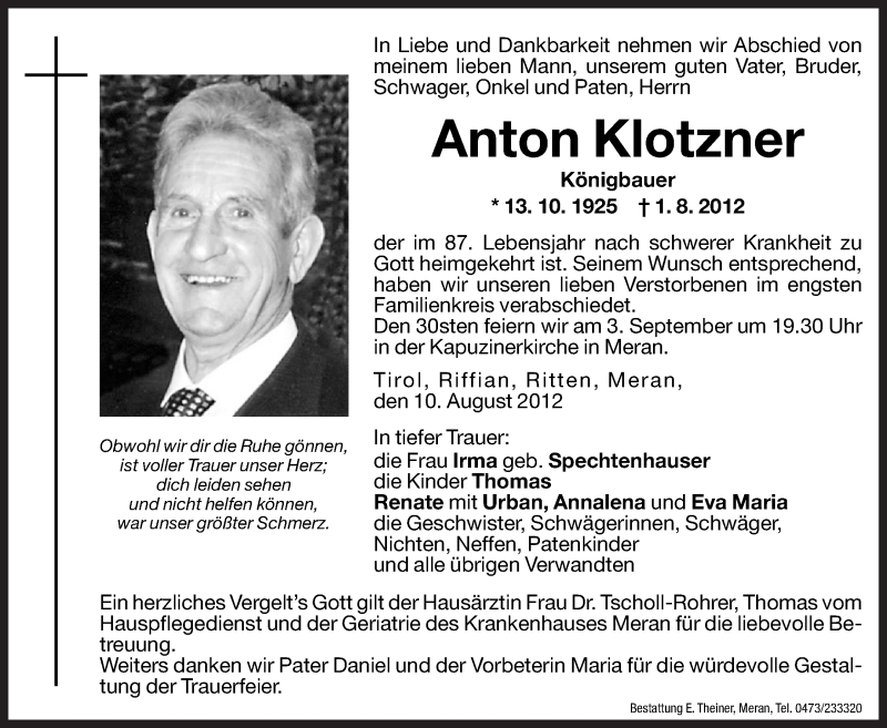  Traueranzeige für Anton Klotzner vom 10.08.2012 aus Dolomiten