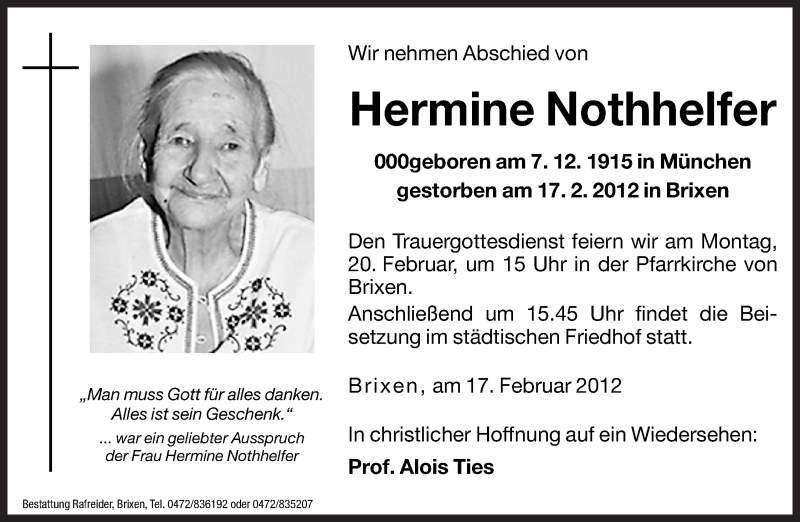  Traueranzeige für Hermine Nothhelfer vom 18.02.2012 aus Dolomiten